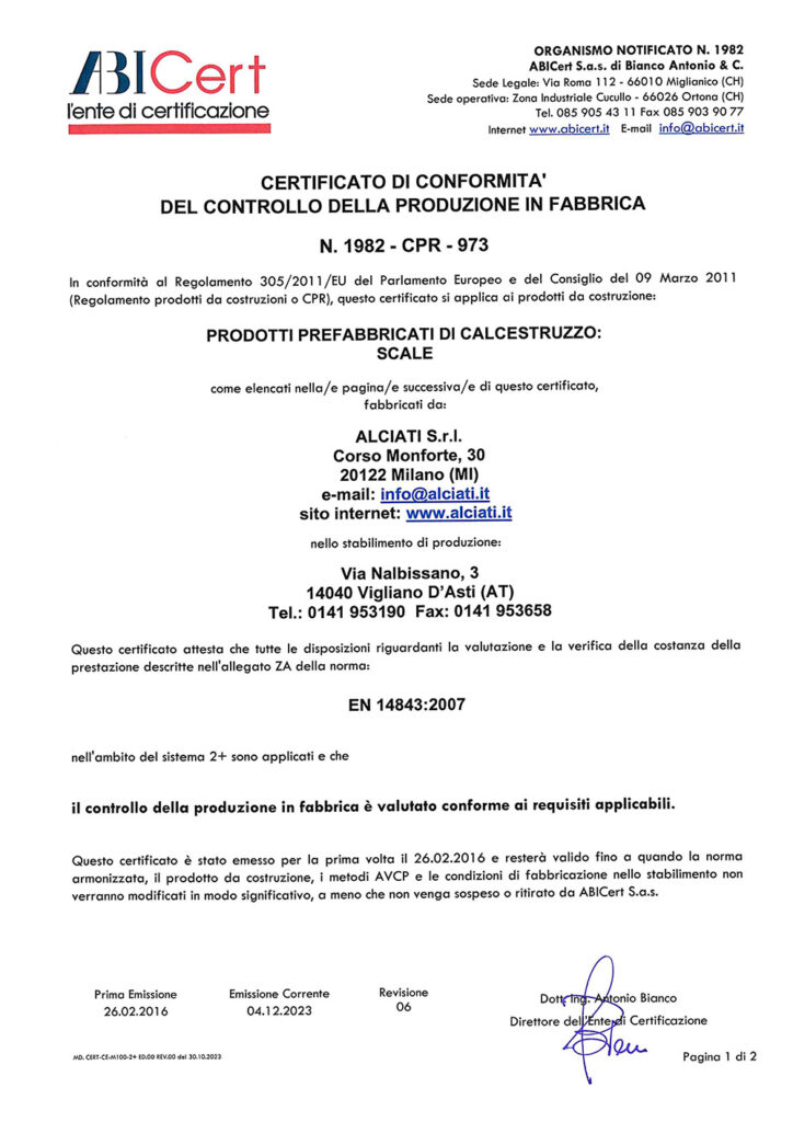 CERTIFICATO DI PRODUZIONE DI FABBRICA